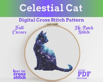 Celestial Cat Cross Stitch Pattern, Witchy Black Cat Wall Art, Modern Galaxy Cat Chart, Instant PDF Download