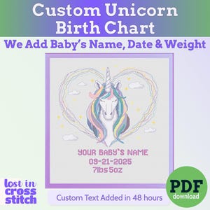 May include: A custom unicorn birth chart with the text "Custom Unicorn Birth Chart We Add Baby's Name, Date & Weight." The chart features a unicorn design with a heart-shaped rainbow mane and tail. The chart includes the baby's name, date, and weight: 3.32 kg.