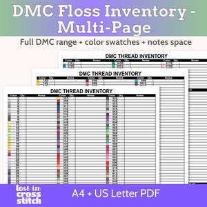 DMC Floss Color Chart Inventory for Cross Stitch and Embroidery Floss, Mulit-page Organizer with Notes, US Letter & A4 Sizes