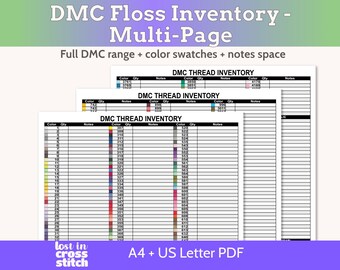 Tabella colori DMC per punto croce e ricamo, organizer multipagina con numerazione e spazio per note, formati US Letter e A4.