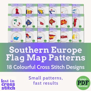 Op de afbeelding: Een verzameling van 18 kleurrijke kruissteekpatronen met kaarten van Zuid-Europese vlaggen. Elk patroon is een digitale PDF, met het vlagontwerp van het land in een cirkelvormige lijst. De tekst "Southern Europe Flag Map Patterns" is inbegrepen.