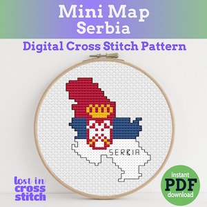 Vlag van Servië kaart Mini Digital Cross Stitch Patroon PDF direct downloaden voor Cross Stitchers van alle niveaus Snel cadeau of souvenir