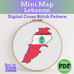 Mapa de la bandera de Tiny Little Lebanon Patrón de punto de cruz digital PDF descarga instantánea Recuerdo de viaje