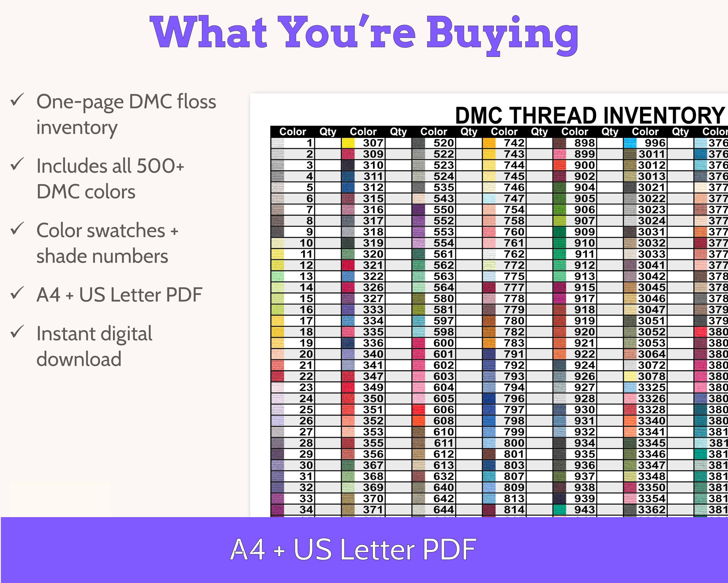 Printable DMC Color Chart, Floss Inventory, Compact Single Page, Number ...