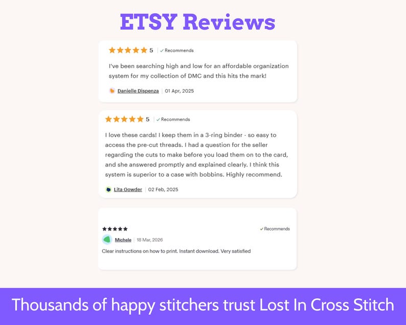 May include: A graphic display titled ETSY Reviews featuring three customer feedback entries with five-star ratings. The text includes comments about an organization system for DMC threads and printing instructions. The footer reads Thousands of happy stitchers trust Lost In Cross Stitch.