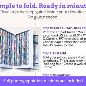 Op de afbeelding: Een miniboekje met kleurstalen en instructies. De tekst luidt "Eenvoudig te vouwen. Klaar in minuten." Instructies omvatten het printen op A4-papier, vouwen en fotografische instructies.