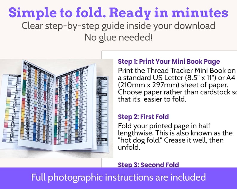 Op de afbeelding: Een miniboekje met kleurstalen en instructies. De tekst luidt "Eenvoudig te vouwen. Klaar in minuten." Instructies omvatten het printen op A4-papier, vouwen en fotografische instructies.