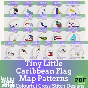 May include: A selection of cross-stitch patterns showcasing Caribbean flag maps. Each design is presented in a small, circular frame. The text "Tiny Little Caribbean Flag Map Patterns" is visible, alongside "Colourful Cross Stitch Designs."