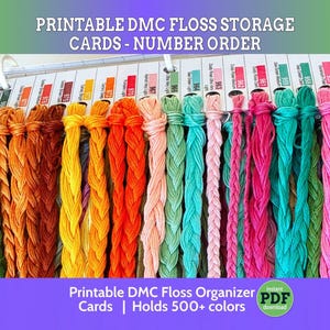 Peut inclure: Un ensemble de cartes de rangement pour fils DMC imprimables classées par numéro, présentant une gamme vibrante d'écheveaux de fil à broder dans des tons de vert, orange, jaune, rose et bleu sarcelle, fixés sur des cartes en papier blanc.