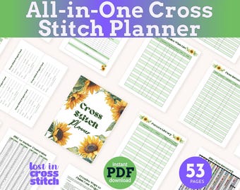 Puede incluir: Un planificador de punto de cruz imprimible de 53 páginas. La portada presenta un diseño de girasol y el texto "Cross Stitch Planner".