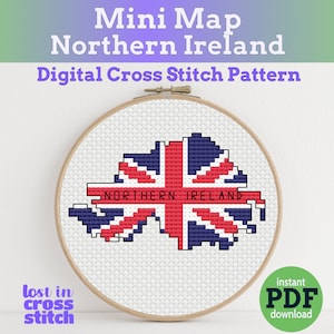 Nordirland Flagge Landkarte Digitales Kreuzstichmuster PDF sofortiger Download Easy Cross Stitch für Anfänger