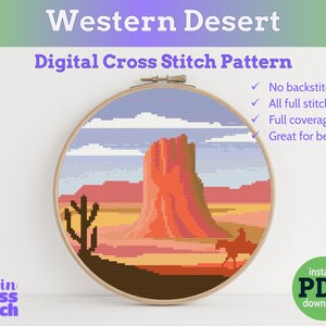 PDF Pattern Western Desert Landscape Digital Cross Stitch instant download Full Coverage modern counted cross stitch