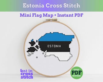 Patrón de punto de cruz de Estonia, pequeño mapa con bandera, recuerdo de Tallin, arte mural nórdico, descarga instantánea en PDF.