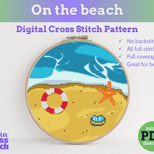 On the beach cross stitch PDF pattern | Instant Download | large and easy cross stitch design | Beach scene landscape cross stitch pattern