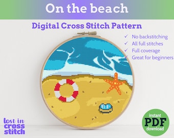 On the beach cross stitch PDF pattern | Instant Download | large and easy cross stitch design | Beach scene landscape cross stitch pattern