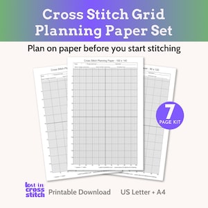 Puede incluir: Un conjunto de tres hojas de papel de planificación de punto de cruz blancas con un patrón de cuadrícula. El texto en la parte superior dice "Cross Stitch Grid Planning Paper Set" y "Plan on paper before you start stitching." Un círculo morado con el número "7" y las palabras "PAGE KIT" está a la derecha.