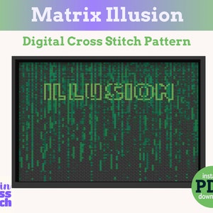 May include: Digital cross stitch pattern of the word "ILLUSION" in green text on a black background, resembling the green code from the movie "The Matrix".