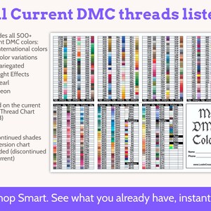 Op de afbeelding: Een overzicht van alle huidige DMC-garens, inclusief meer dan 500 kleuren, kleurvariaties en lichteffecten. Gebaseerd op de DMC Thread Chart 2023, bevat het een conversietabel voor niet meer leverbare tinten. De tekst "My DMC Colors" is zichtbaar.