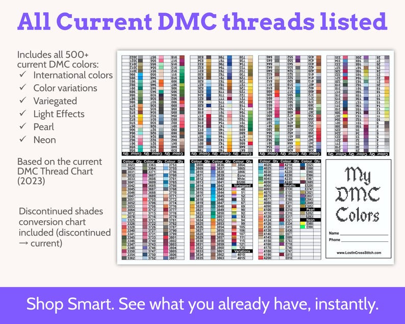 Op de afbeelding: Een overzicht van alle huidige DMC-garens, inclusief meer dan 500 kleuren, kleurvariaties en lichteffecten. Gebaseerd op de DMC Thread Chart 2023, bevat het een conversietabel voor niet meer leverbare tinten. De tekst "My DMC Colors" is zichtbaar.