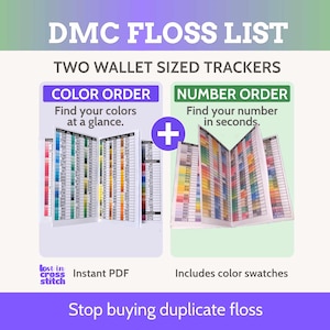 May include: Two wallet-sized DMC floss trackers featuring color swatches and numerical lists. One tracker organizes by color order, the other by number order. The text reads DMC FLOSS LIST, TWO WALLET SIZED TRACKERS, COLOR ORDER, NUMBER ORDER, and Instant PDF.