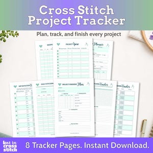 Puede incluir: Un conjunto de ocho páginas imprimibles de seguimiento de proyectos de punto de cruz con detalles en verde claro e iconos de corazones. Las hojas incluyen secciones para colas de proyectos, planes de acabado y registros de costura con encabezados.