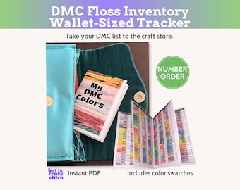 Puede incluir: Un rastreador de inventario de hilos DMC tamaño billetera con una cartera color verde azulado y verde oscuro. El folleto tiene el texto My DMC Colors e incluye muestras de color en orden numérico. La imagen muestra el texto Instant PDF.