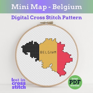 Belgien Kreuzstich Flaggenmuster, Mini Flaggenkarte, Musterliste, sofortiger PDF-Download