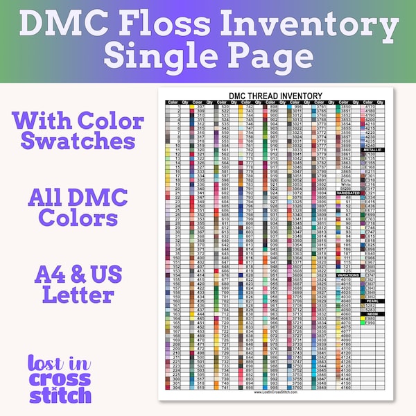 DMC Thread Chart Floss Inventory Printable Thread List Compact Single Page List Instant Download PDF US Letter & A4