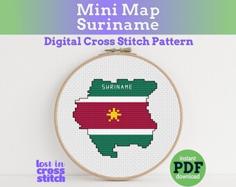 Suriname Cross Stitch Flag Map Pattern, Mini Travel Cross Stitch, Pattern Keeper, Instant PDF Download