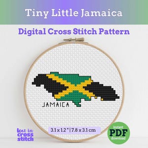 Patrón de punto de cruz de la bandera de Jamaica, mini mapa de la bandera, organizador de patrones, descarga instantánea en PDF.
