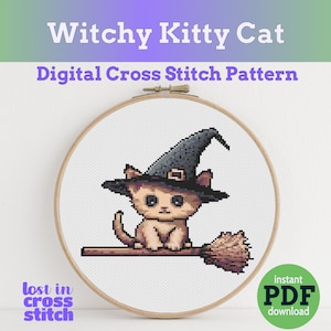 Witchy Cat Cross Stitch Pattern Beginner Friendly Instant PDF Download