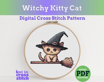 Patrón de punto de cruz de gato brujo, apto para principiantes, descarga instantánea en PDF.