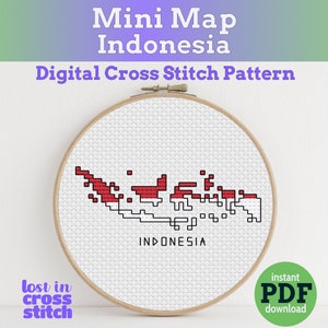 Puede incluir: Un patrón de punto de cruz del mapa de Indonesia en rojo y negro, exhibido en un aro de bordado de madera. El texto "Mini Map Indonesia" y "Digital Cross Stitch Pattern" están en la parte superior. La palabra "INDONESIA" está en la parte inferior.