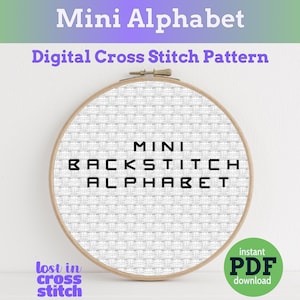 クロスステッチの文字、ミニバックステッチのアルファベットパターン、小さなフォント、PDFの即時ダウンロード