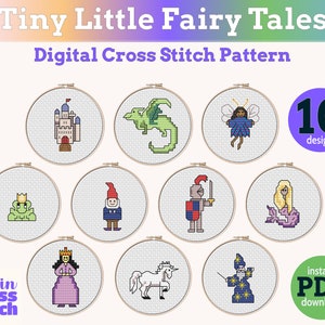 Tiny Little Fairy Tale cross stitch PDF pattern | Instant Download | easy mini cross stitch design | Bundle of 10 fantasy patterns