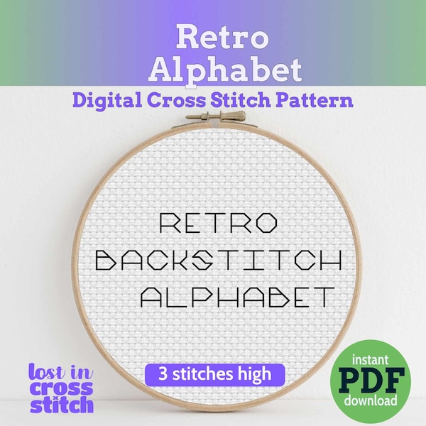 Alfabeto retro para punto de cruz, fuente de punto atrás llamativa para proyectos modernos y vintage, descarga instantánea en PDF.