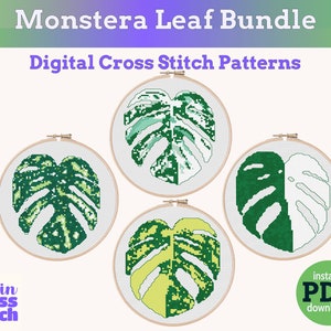 Monstera Leaf Bundle Digital Cross Stitch Pattern variegated pdf instant download small pattern for medium skill embroidery modern xstitch
