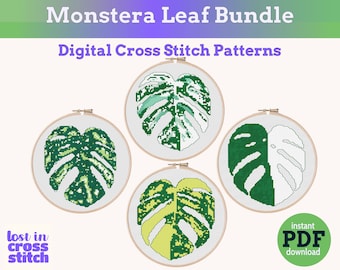 Monstera Leaf Bundle Digital Cross Stitch Pattern variegated pdf instant download small pattern for medium skill embroidery modern xstitch