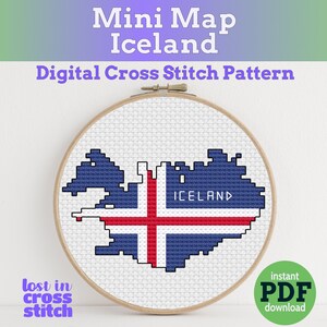 Petite carte du drapeau de la petite Islande | Modèle numérique de point de croix | Téléchargement instantané PDF
