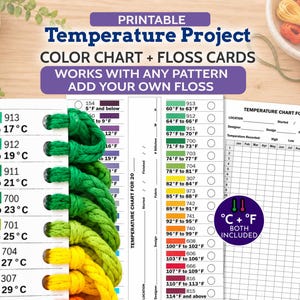 Könnte beinhalten: Ein druckbares Temperaturprojekt-Set mit einer Farbkarte und Stickgarnkarten. Das Dokument enthält Temperaturbereiche in Celsius und Fahrenheit, farbcodierte Etiketten und ein Raster zur Datenaufzeichnung für die Organisation von Stickgarn.