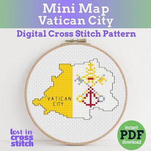 Mapa de la bandera de la Ciudad del Vaticano Mini Patrón Digital de Punto de Cruz PDF descarga instantánea para principiantes y avanzados Stitchers Recuerdo del Vaticano de Roma