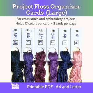 Afdrukbare projectfloss-organizerkaarten voor kruissteek (groot), 3 kaarten/pagina, A4 + US Letter pdf