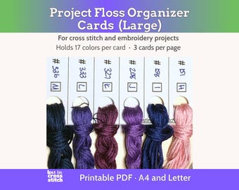 Tarjetas imprimibles para organizar los hilos de tu proyecto de punto de cruz (tamaño grande), 3 tarjetas por página, formato PDF A4 + Carta estadounidense