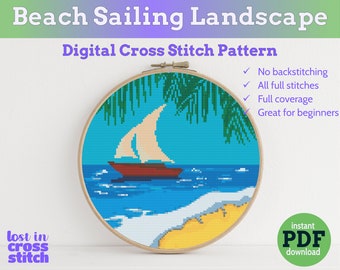 Beach Sailing cross stitch PDF pattern | Instant Download | large and easy cross stitch design | Beach scene landscape cross stitch pattern