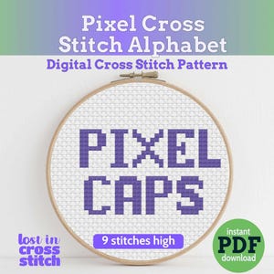 Könnte beinhalten: Ein runder hölzerner Stickrahmen mit weißem Aida-Stoff, auf dem der violette, verpixelte Text PIXEL CAPS gestickt ist. Das Bild enthält den Text Pixel Cross Stitch Alphabet, Digital Cross Stitch Pattern, 9 stitches high und lost in cross stitch.