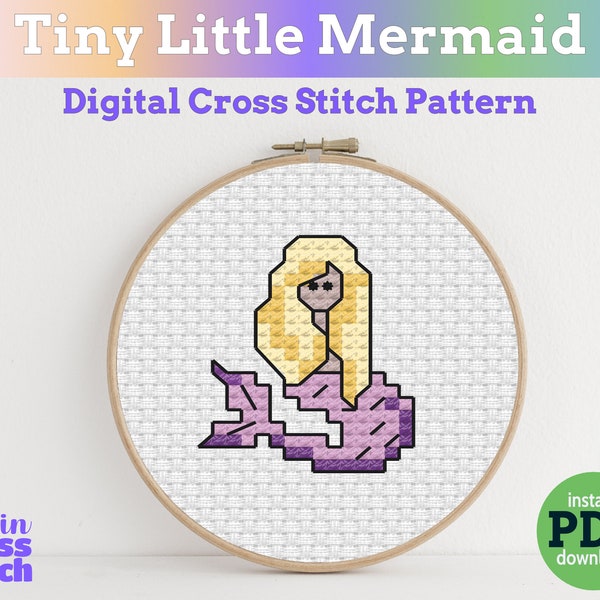 Tiny Little Mermaid cross stitch PDF pattern | Instant Download | easy mini cross stitch design | Fairy Tale counted modern cross stitch