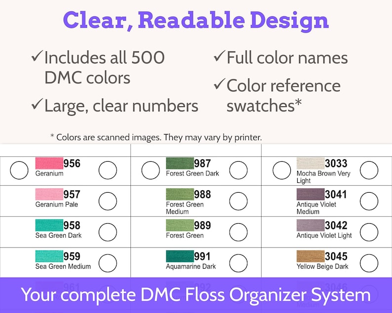 May include: A DMC floss organizer system chart featuring the text Clear, Readable Design and Your complete DMC Floss Organizer System. The grid displays color swatches, names like Geranium and Forest Green, and numbers 956 through 3045.