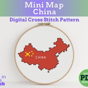 Winzige kleine China Flagge Karte | Digitales Kreuzstichmuster | PDF-Sofortdownload | Kreuzstich