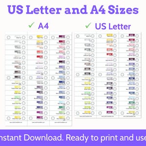 May include: A color chart for thread or floss organization featuring two columns labeled US Letter and A4 Sizes. The chart displays numbered color swatches with corresponding names and circular checkboxes for tracking. The text reads Instant Download. Ready to print and use.