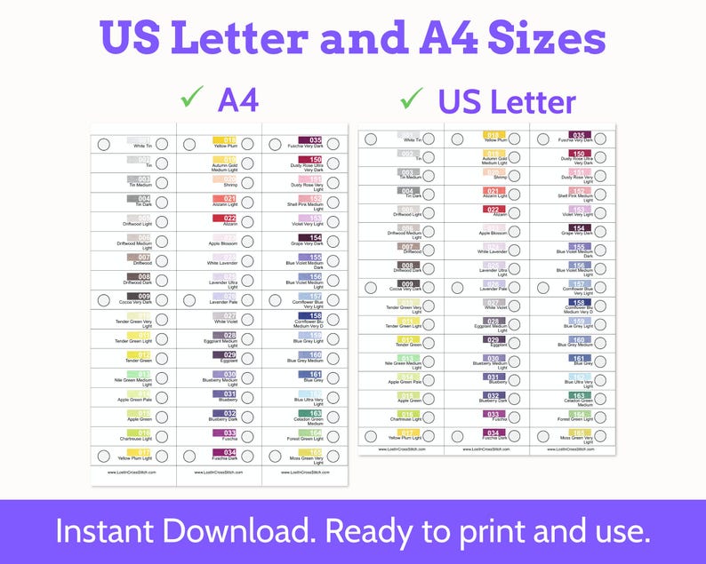 May include: A color chart for thread or floss organization featuring two columns labeled US Letter and A4 Sizes. The chart displays numbered color swatches with corresponding names and circular checkboxes for tracking. The text reads Instant Download. Ready to print and use.